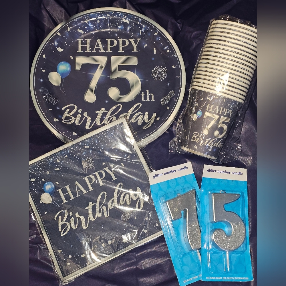75th Birthday Party Plate, Napkins, Cup, Candle Set - Navy Blue and Silver NWT.